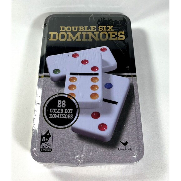 Double Six Dominoes 28 Color Dot Dominoes New Factory Sealed Storage Tin - Picture 1 of 11
